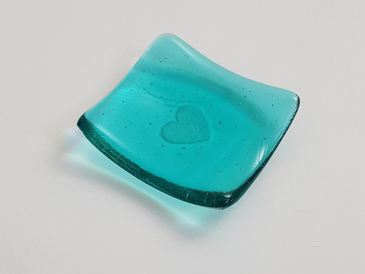 Aqua Glass Heart Ring Bowl, Small Handmade Trinket Dish