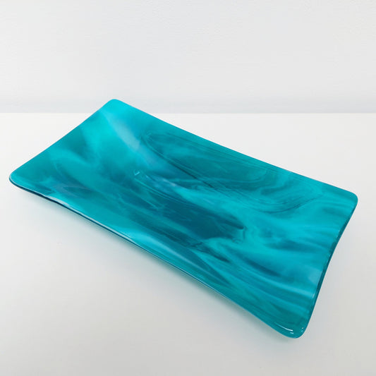Handmade Teal Fused Glass Platter, Coffee Table Trinket Dish