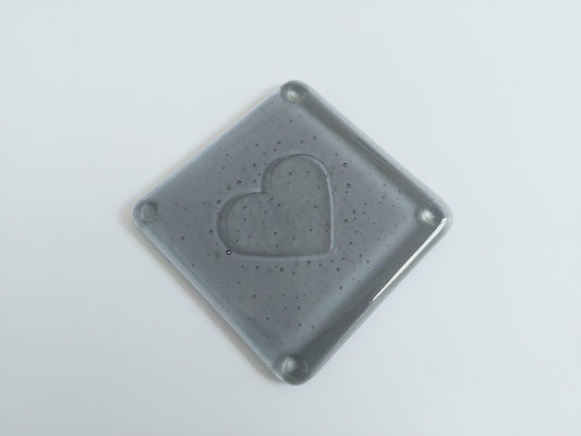 Grey Glass Heart Coasters, Handmade Silver Grey Fused Glass Coasters with a Large Kiln Carved Love Heart, Grey Coffee Table Mat, Grey Décor
