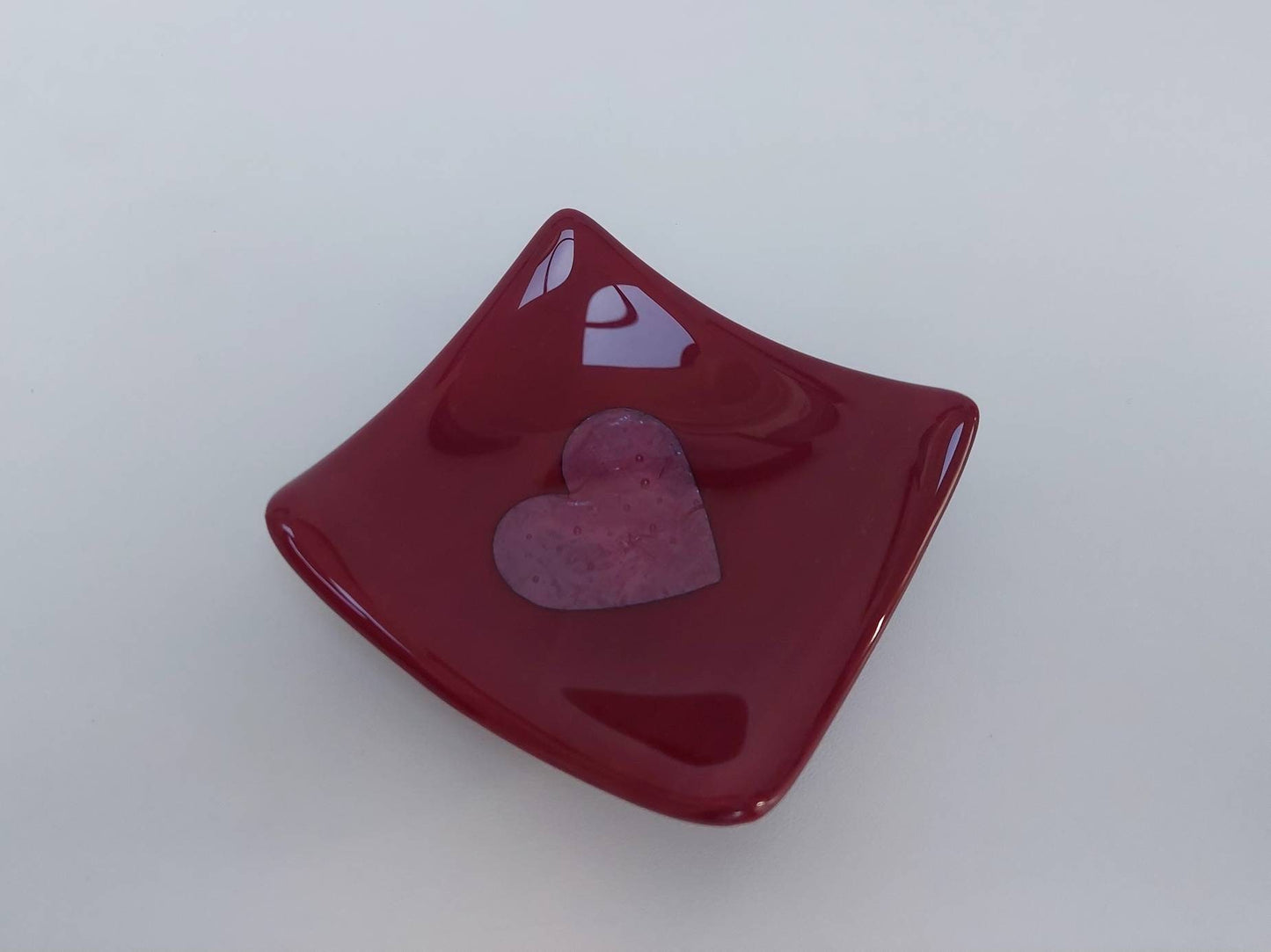 Dark Red Glass Heart Dish, Handmade Trinket Bowl