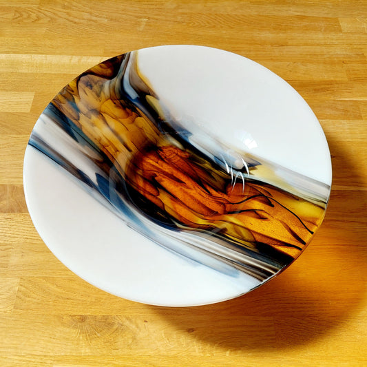 Golden Cascade Glass Art Bowl, Large Handcrafted White Kiln Formed Bowl with an Abstract Gold and Black Design, Artisanal Wedding Gift