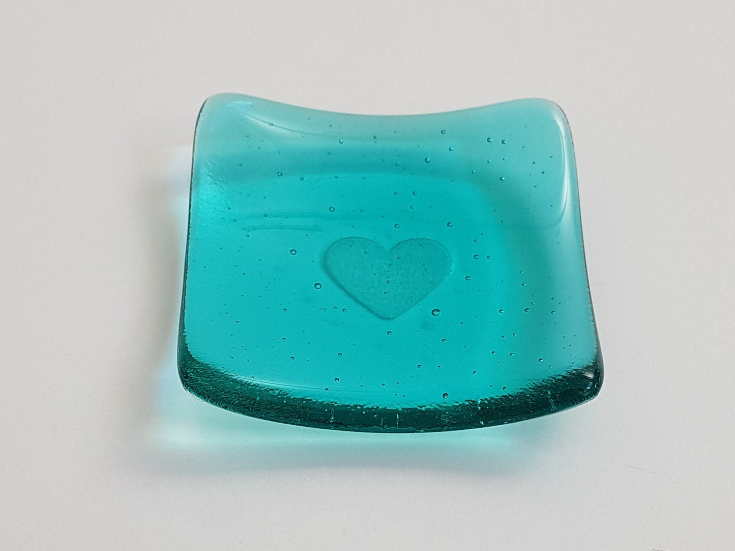 Aqua Glass Heart Ring Bowl, Small Handmade Trinket Dish