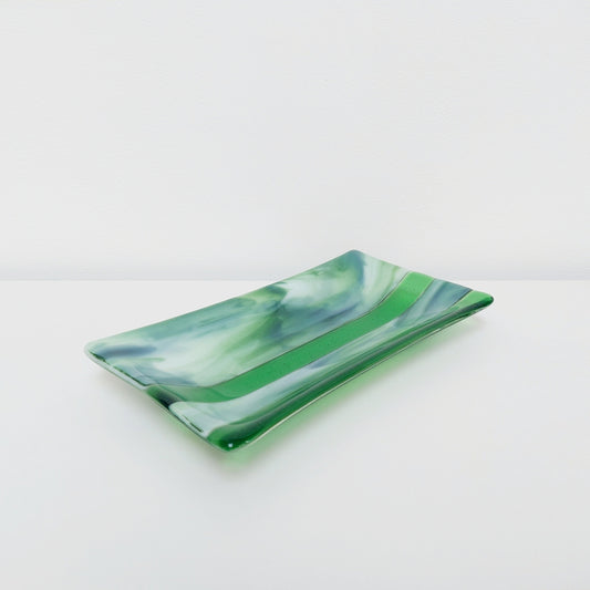 Spring in the Lakes Green Glass Art Plate, Handmade Fused Glass Decorative Tray