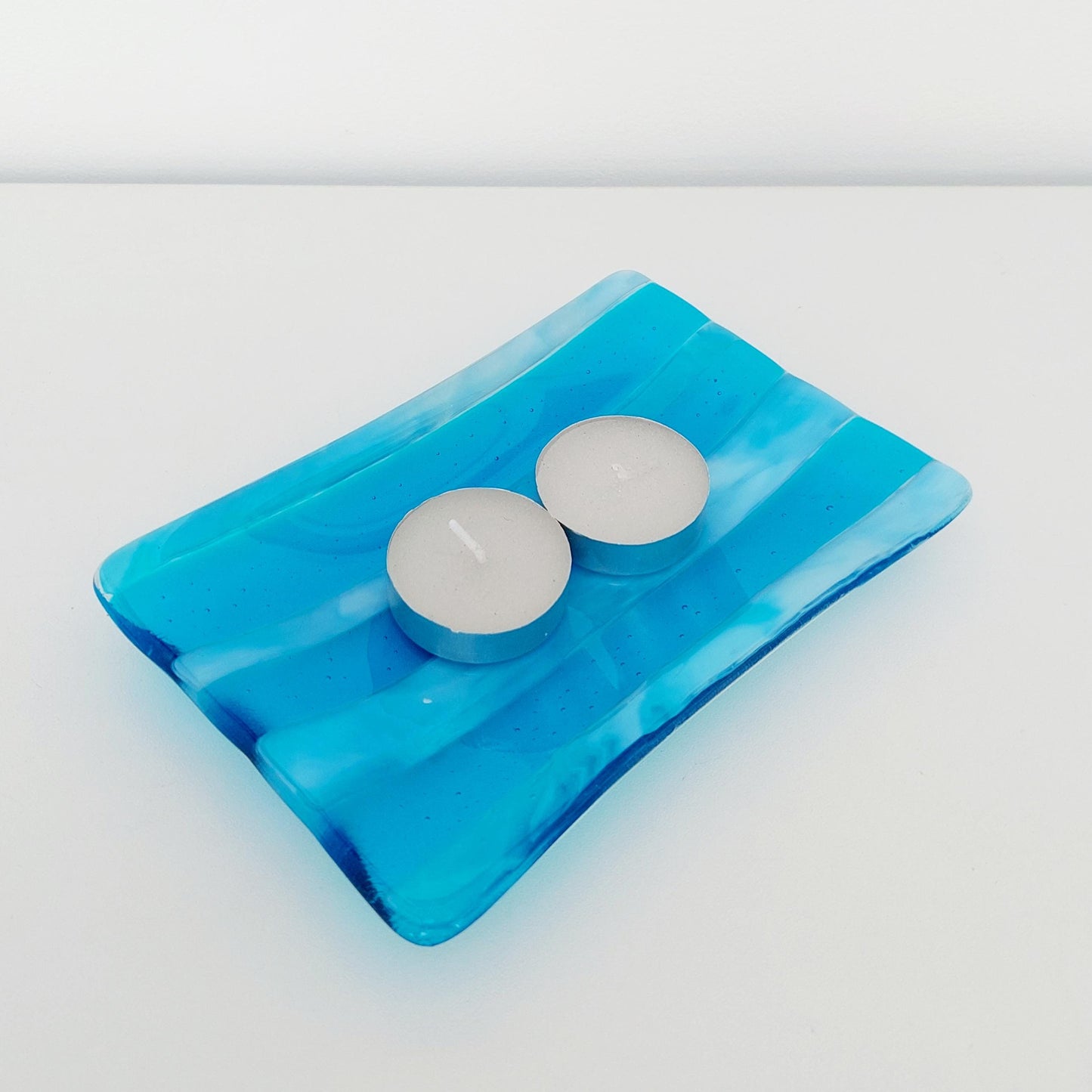 Winter in the Lakes Glass Art Trinket Dish, Contemporary Turquoise and White Fused Glass Coffee Table Plate, Turquoise Living Room Décor