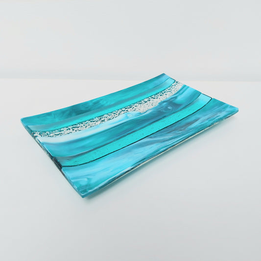 Teal and Aqua Glass Art Plate, Handmade Textured Fused Glass Decorative Tray, Artisan Teal Coffee Table Centrepiece, Beach House Décor