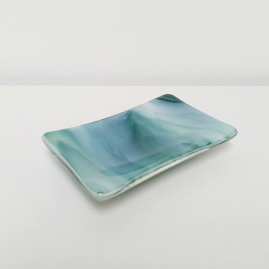Summer on the Fells Glass Art Dish, Handmade Aventurine Green Fused Glass Soap Tray, Artisan Bedside Table Trinket Dish, Natural Green Décor
