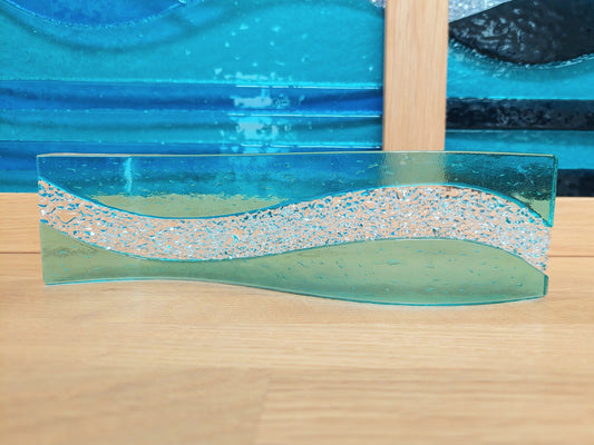 Abstract Aqua Glass Art Wave, Handmade Sea Green Fused Glass Ornament, Minimalist Freestanding Suncatcher, Contemporary Aqua Bathroom Décor