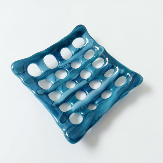 Derwent Water Glass Soap Dish with Holes, Marine Blue Bathroom Décor