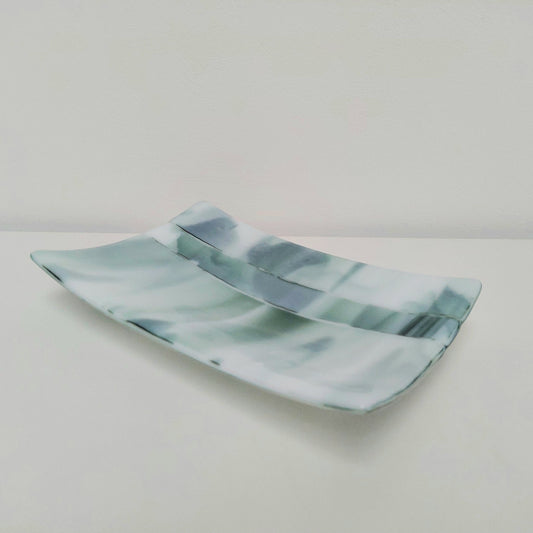 Winter on the Fells Glass Art Plate, Handmade Aventurine Green and White Fused Glass Dish, Decorative Glass Tray, Natural Green Home Décor