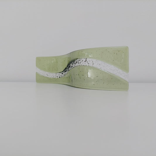 Fern Green Glass Art Wave, Handmade Natural Green Fused Glass Shelf Ornament with Crushed Crystal Clear Glass Accents, Natural Green Décor