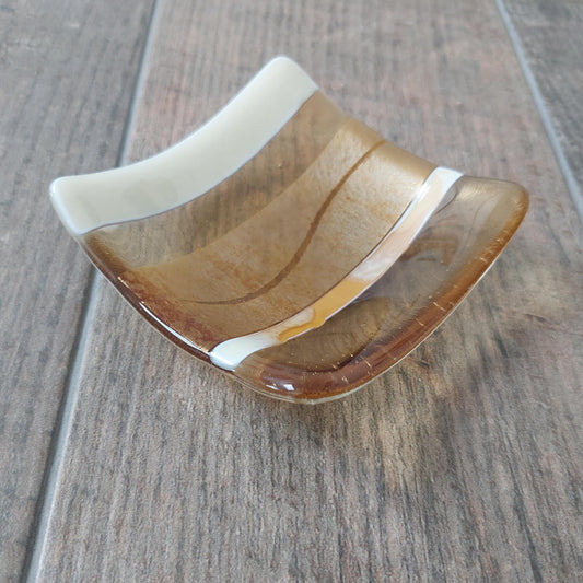 Gold and Cream Trinket Dish, Handmade Fused Glass Art Jewellery Bowl, Small Artisan Bedside Table Dish, Gold Bedroom Décor, Unusual Key Bowl