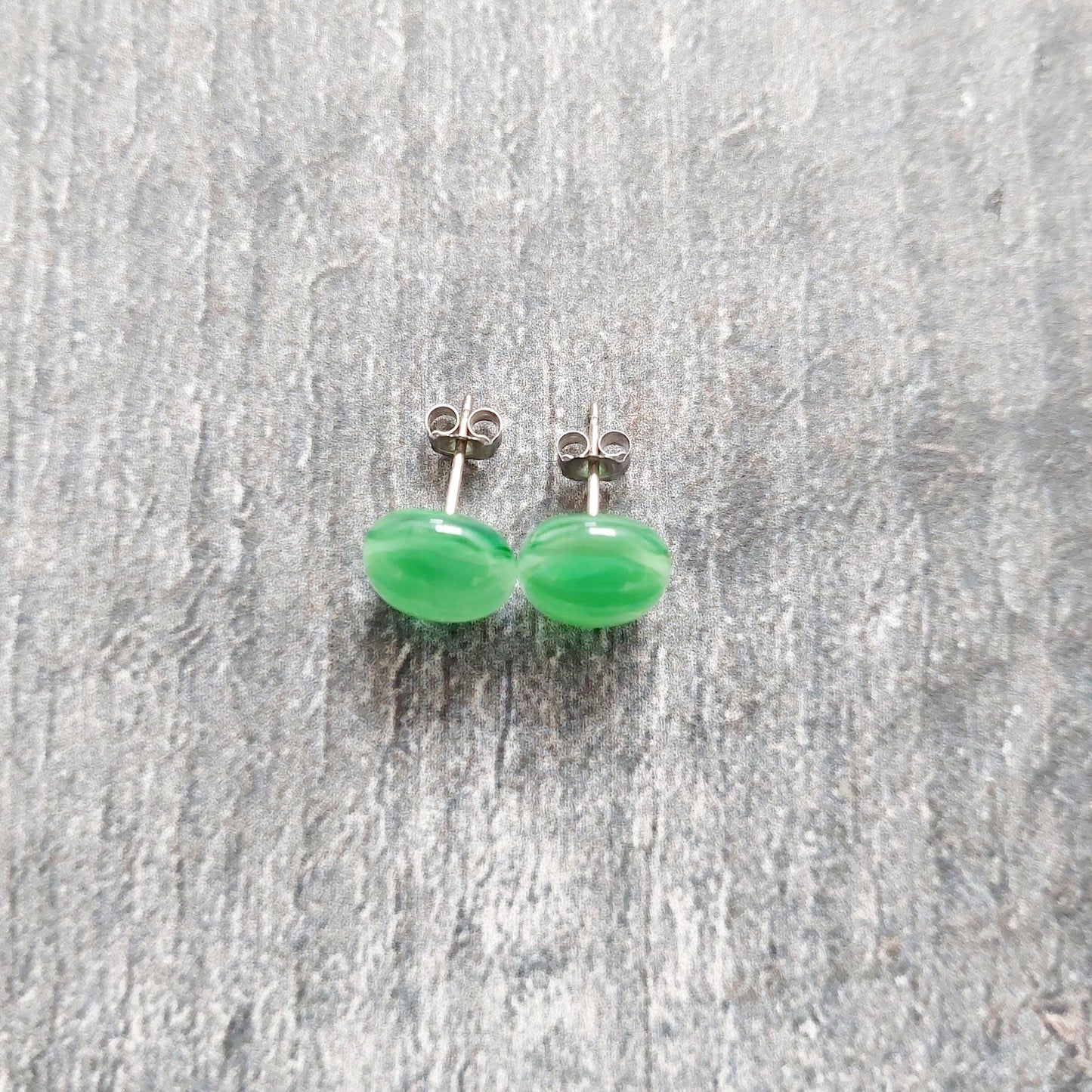Spring Green Fused Glass Studs, Artisanal Light Green Glass Stud Earrings with Sterling Silver Posts and Butterflies, Unusual Green Earrings