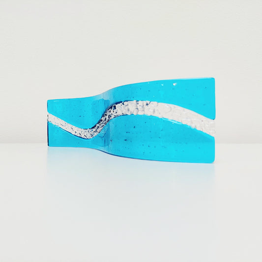 Abstract Turquoise Glass Art Wave, Handmade Turquoise and Crystal Clear Fused Glass Ornament, Minimalist Turquoise Décor, Beach House Décor