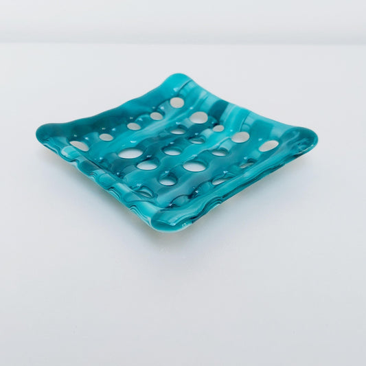 Teal and Aqua Glass Soap Dish with Holes
