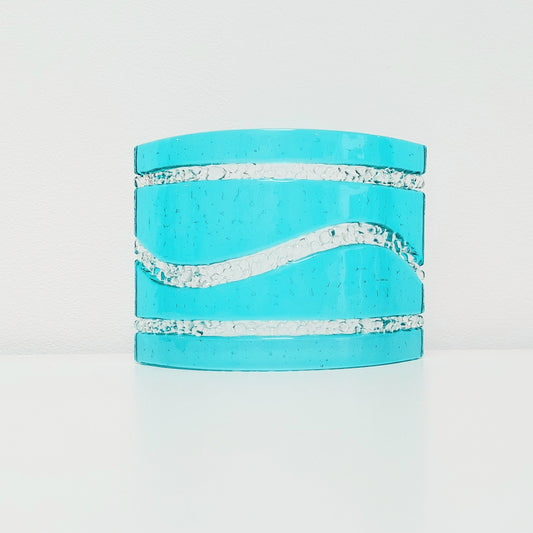 Abstract Aqua Glass Art Curve, Unusual Handmade Fused Glass Mantlepiece Ornament, Aqua Living Room Décor, Freestanding Windowsill Suncatcher