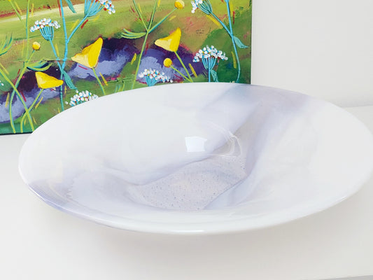 Large Lilac Glass Art Bowl, Handmade White Kiln Formed Bowl with a Light Purple Cascade, Contemporary Fruit Bowl, Artisanal Wedding Gift