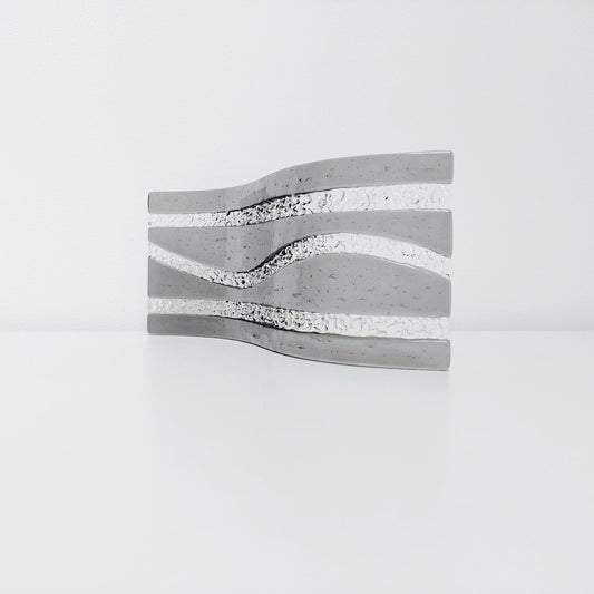 Silver Grey Glass Art Wave, Monochrome Mantlepiece Ornament