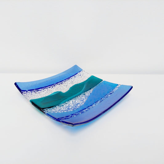 Artisan Teal and Blue Plate, Handmade Textured Fused Glass Art Plate, Teal and Iridescent Sky Blue Decorative Tray, Coffee Table Centrepiece