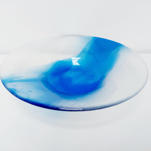 Cascading Water Glass Art Bowl, Large Handmade Crystal Clear Kiln Formed Bowl with a Royal Blue Cascade, Contemporary Fruit Bowl, Blue Décor