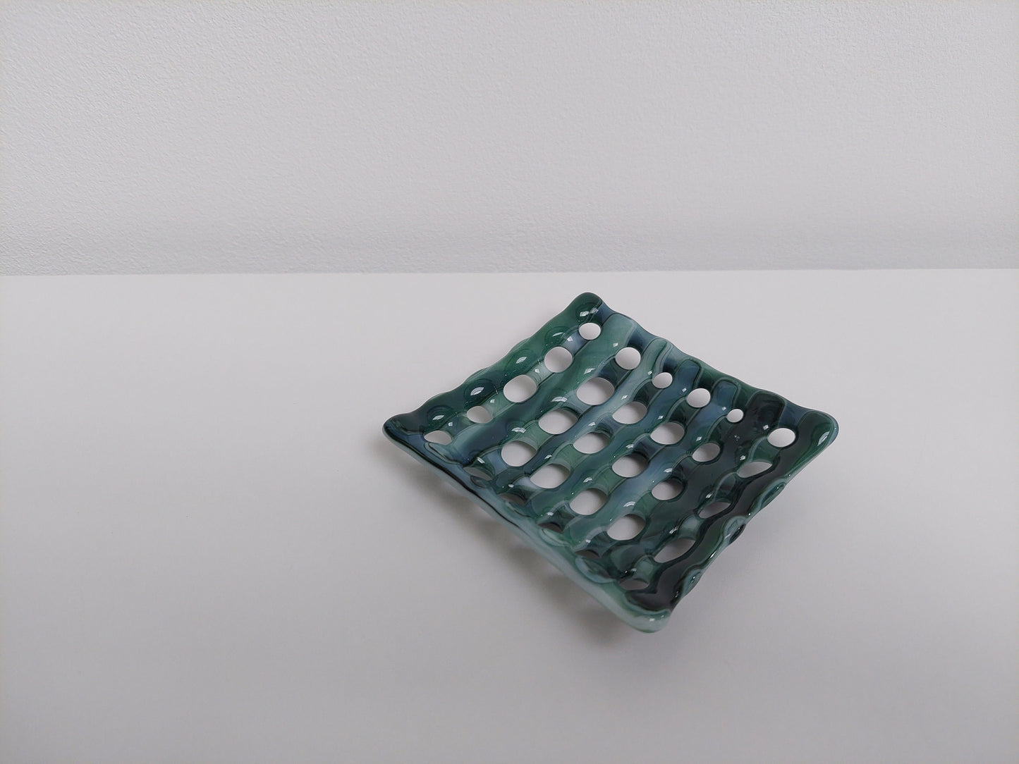Summer on the Fells Glass Soap Dish with Holes, Handcrafted Green Fused Glass Soap Tray, Organic Soap Dish, Natural Green Bathroom Décor