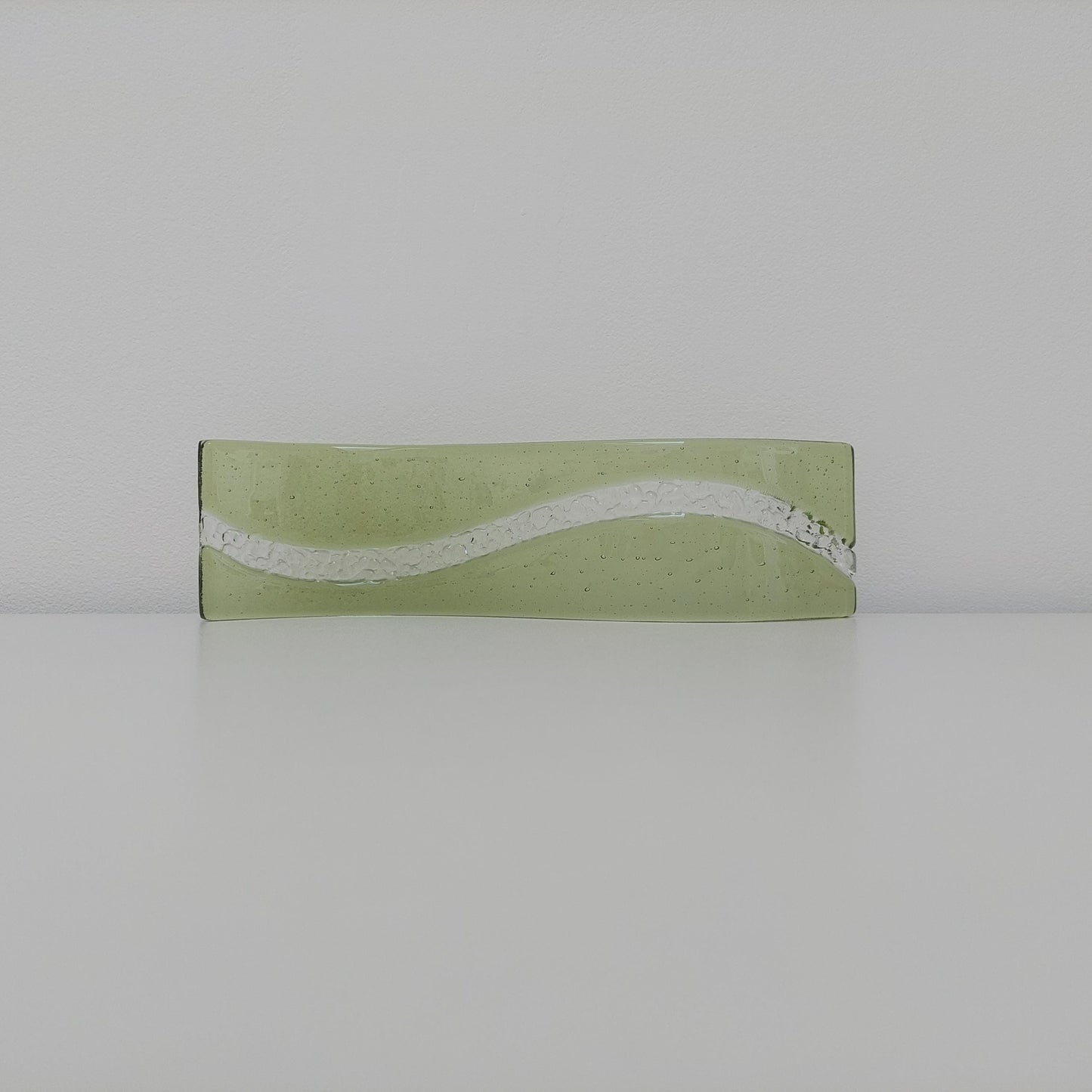 Fern Green Glass Art Wave, Handmade Natural Green Fused Glass Shelf Ornament with Crushed Crystal Clear Glass Accents, Natural Green Décor