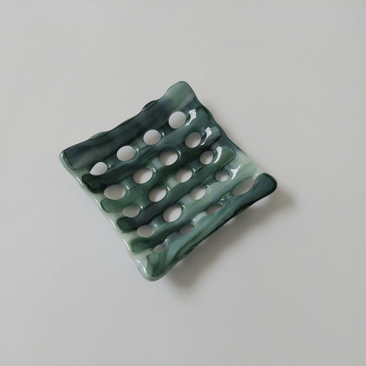 Summer on the Fells Glass Soap Dish with Holes, Handcrafted Green Fused Glass Soap Tray, Organic Soap Dish, Natural Green Bathroom Décor