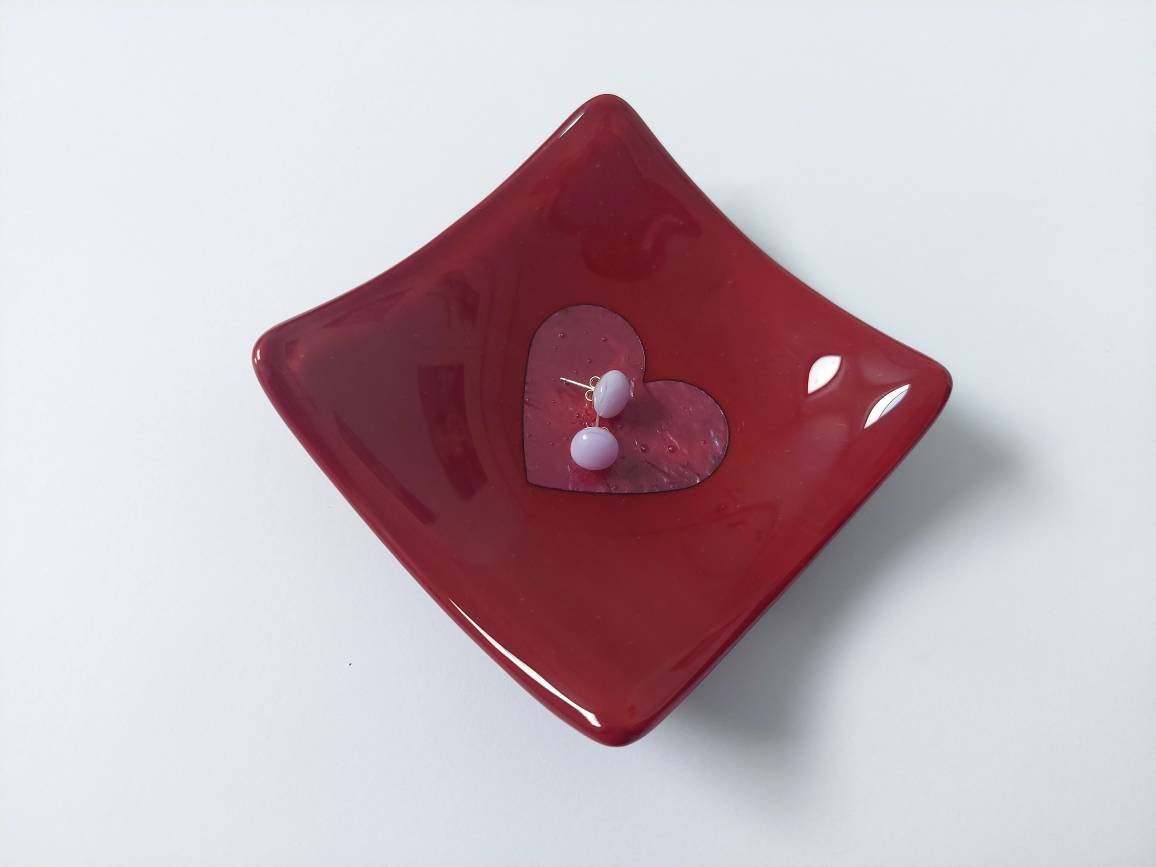 Dark Red Glass Heart Dish, Handmade Trinket Bowl