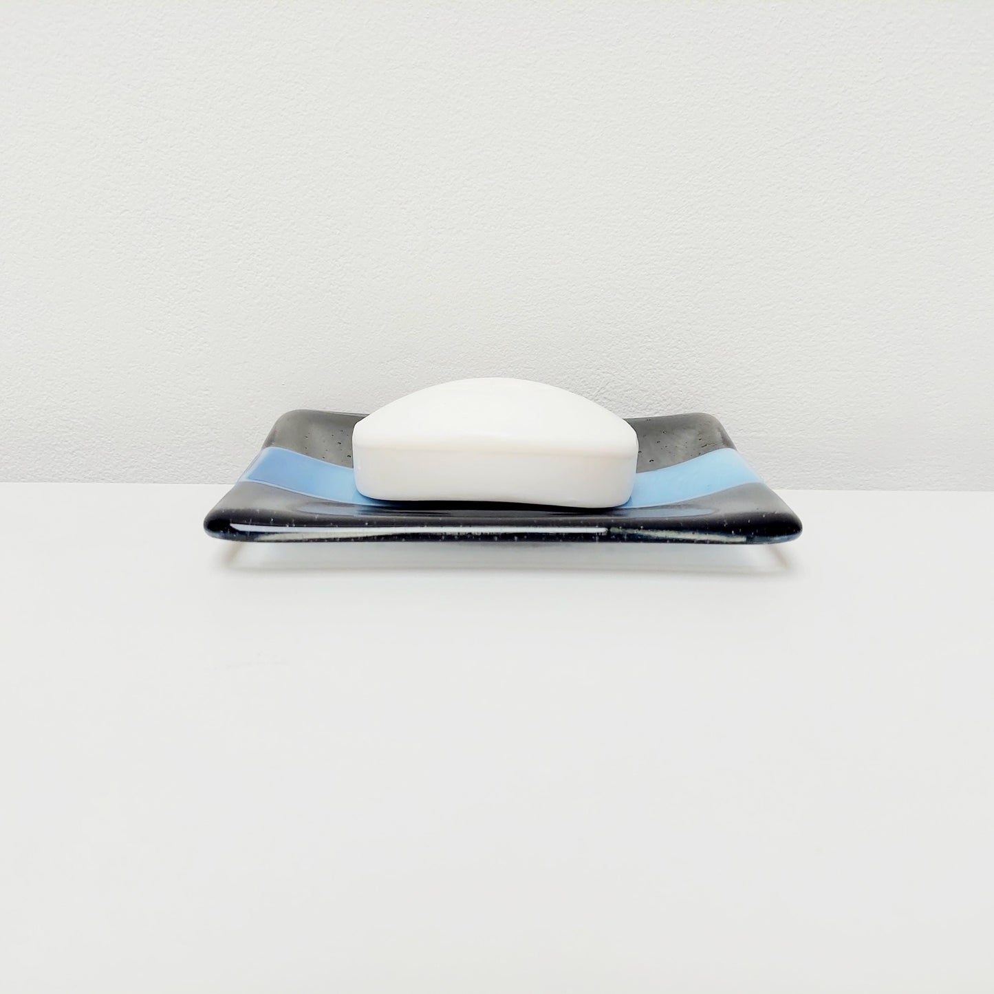Stormy Waters Glass Art Dish, Handcrafted Silver Grey and Tranquil Blue Fused Glass Trinket Dish