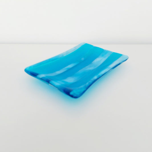 Winter in the Lakes Glass Art Trinket Dish, Contemporary Turquoise and White Fused Glass Coffee Table Plate, Turquoise Living Room Décor