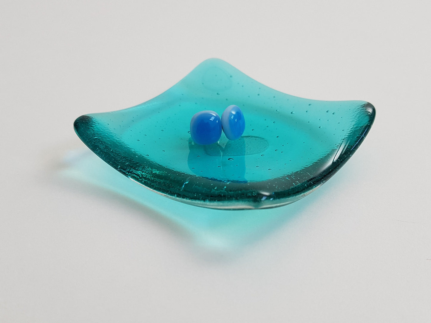 Aqua Glass Heart Ring Bowl, Small Handmade Trinket Dish