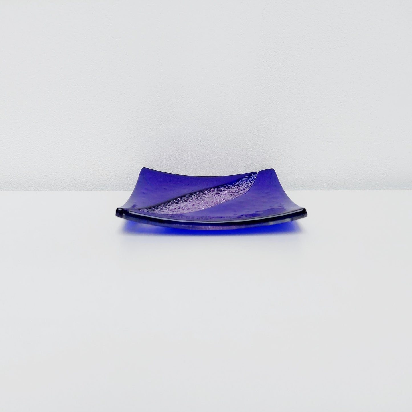 Cobalt and Lilac Glass Art Plate, Small Decorative Coffee Table Tray, Unusual Handmade Textured Glass Trinket Dish, Blue Living Room Décor