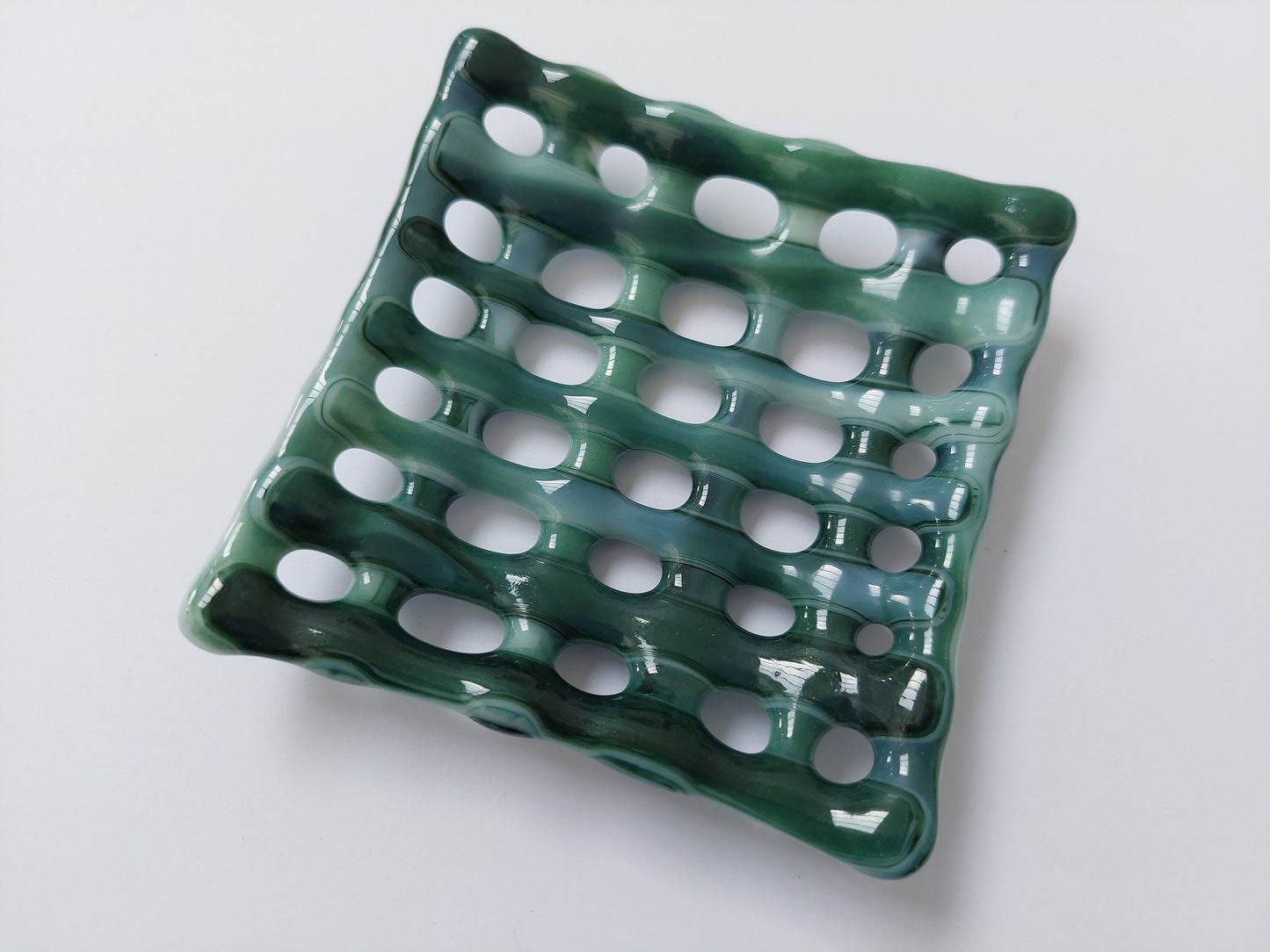 Summer on the Fells Glass Soap Dish with Holes, Handcrafted Green Fused Glass Soap Tray, Organic Soap Dish, Natural Green Bathroom Décor