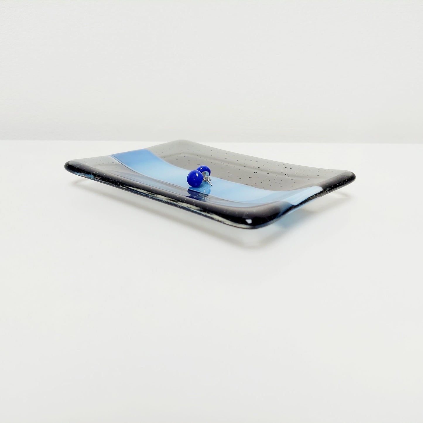 Stormy Waters Glass Art Dish, Handcrafted Silver Grey and Tranquil Blue Fused Glass Trinket Dish