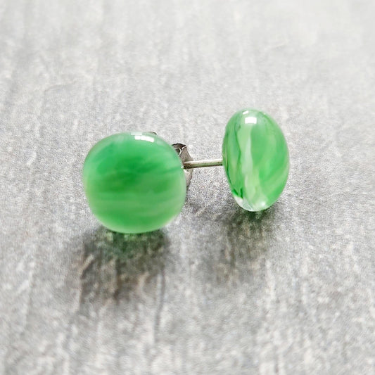 Spring Green Fused Glass Studs, Artisanal Light Green Glass Stud Earrings with Sterling Silver Posts and Butterflies, Unusual Green Earrings