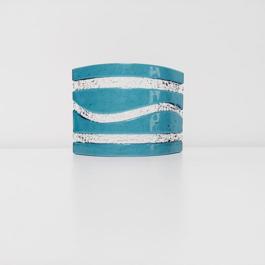 Abstract Sea Blue Glass Curve, Handmade Fused Glass Mantlepiece Ornament, Sea Blue Living Room Décor, Freestanding Windowsill Suncatcher