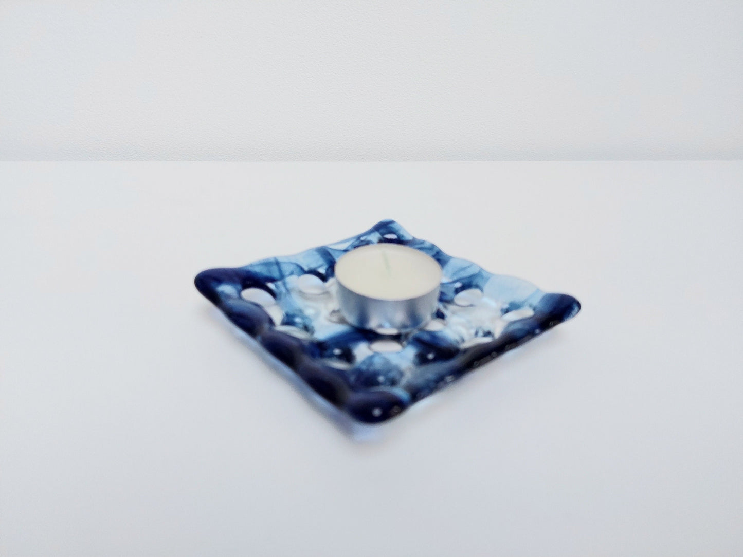 Coniston Water Glass Art Soap Dish with Holes, Handcrafted Dark Aventurine Blue and Crystal Clear Fused Glass Soap Tray, Blue Bathroom Décor