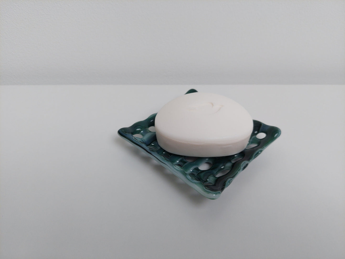 Summer on the Fells Glass Soap Dish with Holes, Handcrafted Green Fused Glass Soap Tray, Organic Soap Dish, Natural Green Bathroom Décor