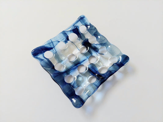 Coniston Water Glass Art Soap Dish with Holes, Handcrafted Dark Aventurine Blue and Crystal Clear Fused Glass Soap Tray, Blue Bathroom Décor