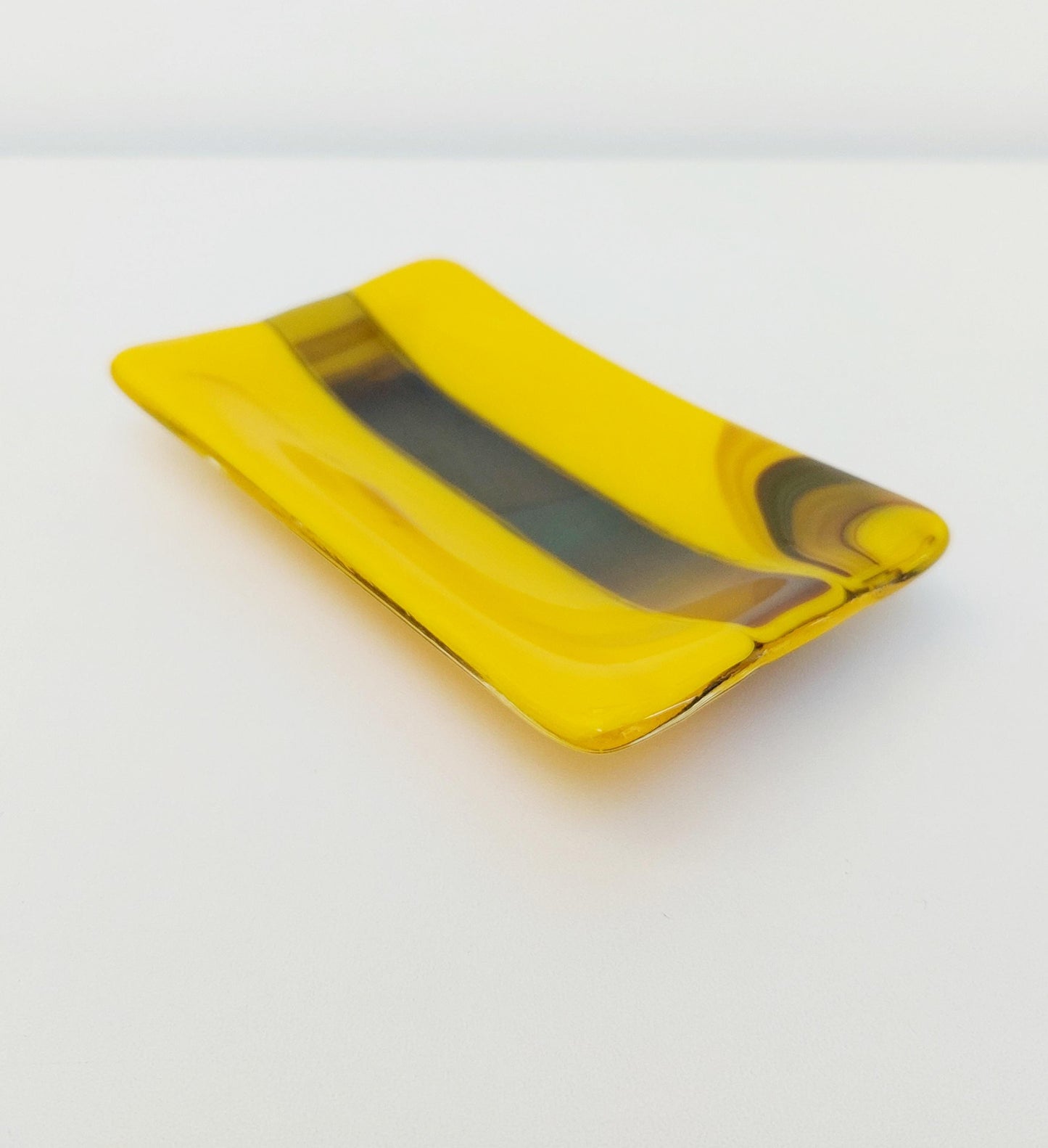Daffodil Yellow Glass Art Dish, Handmade Yellow and Brown Soap Dish, Yellow Bathroom Décor, Bedside Table Trinket Dish, Yellow Bedroom Décor