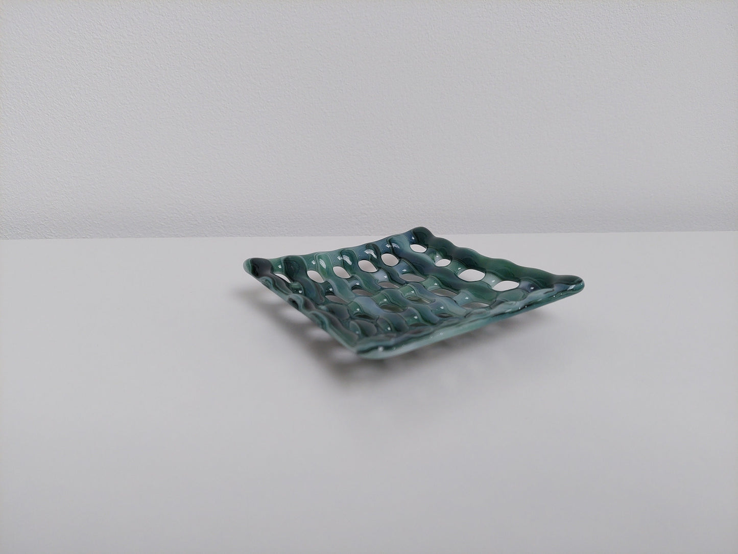 Summer on the Fells Glass Soap Dish with Holes, Handcrafted Green Fused Glass Soap Tray, Organic Soap Dish, Natural Green Bathroom Décor