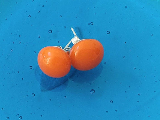 Vibrant Orange Glass Stud Earrings with Sterling Silver Posts and Butterflies, Minimalist Kiln Formed Glass Studs, Orange Artisan Jewellery