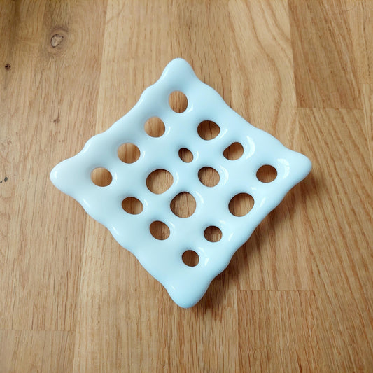 Handmade White Glass Soap Dish with Holes, Monochrome Bathroom Decor