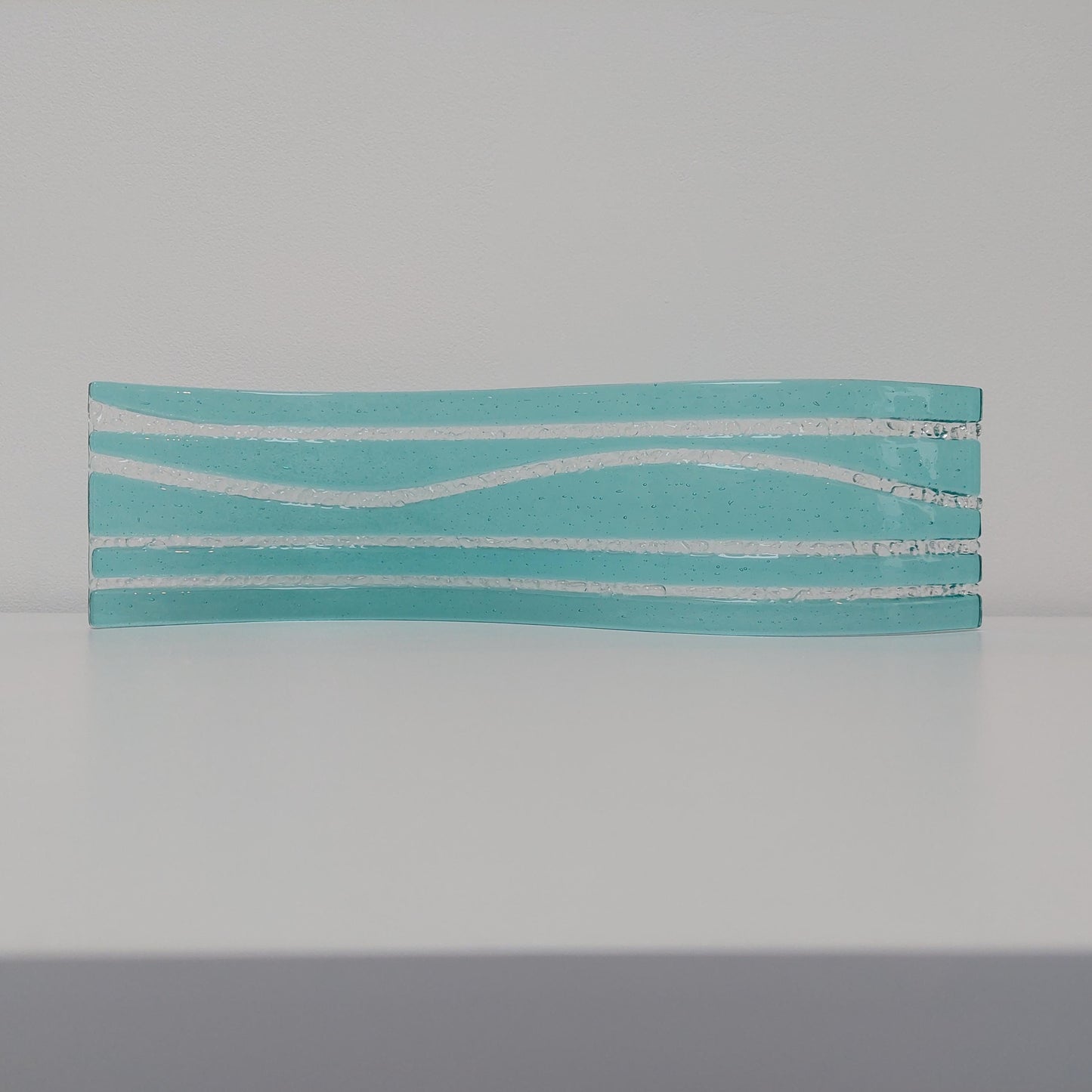 Large Abstract Aqua Glass Wave, Handmade Fused Glass Mantlepiece Ornament, Living Room Statement Piece, Aquamarine Décor, Beach House Décor