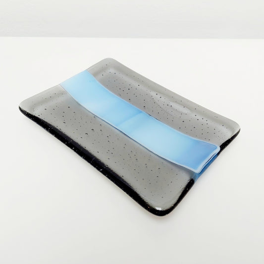 Stormy Waters Glass Art Dish, Handcrafted Silver Grey and Tranquil Blue Fused Glass Trinket Dish, Artisanal Soap Tray, Grey Bathroom Décor
