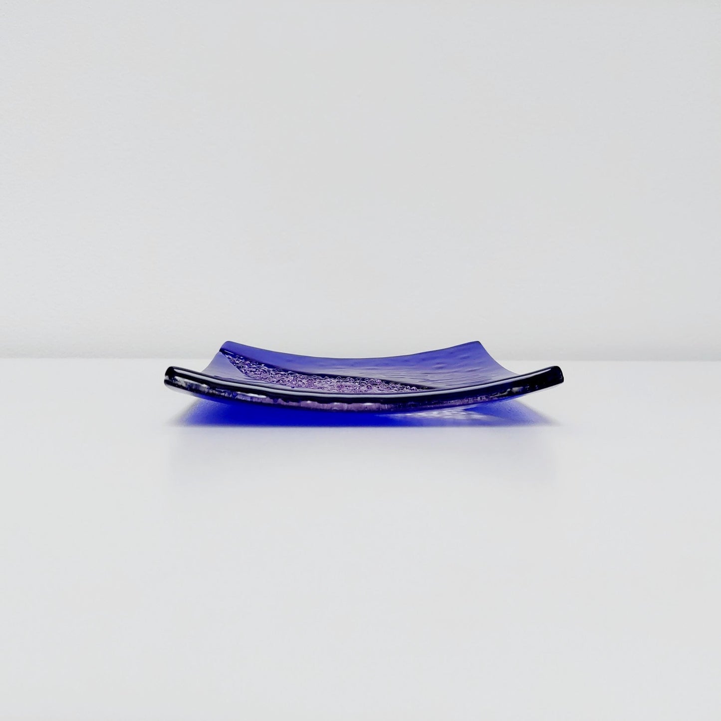 Cobalt and Lilac Glass Art Plate, Small Decorative Coffee Table Tray, Unusual Handmade Textured Glass Trinket Dish, Blue Living Room Décor