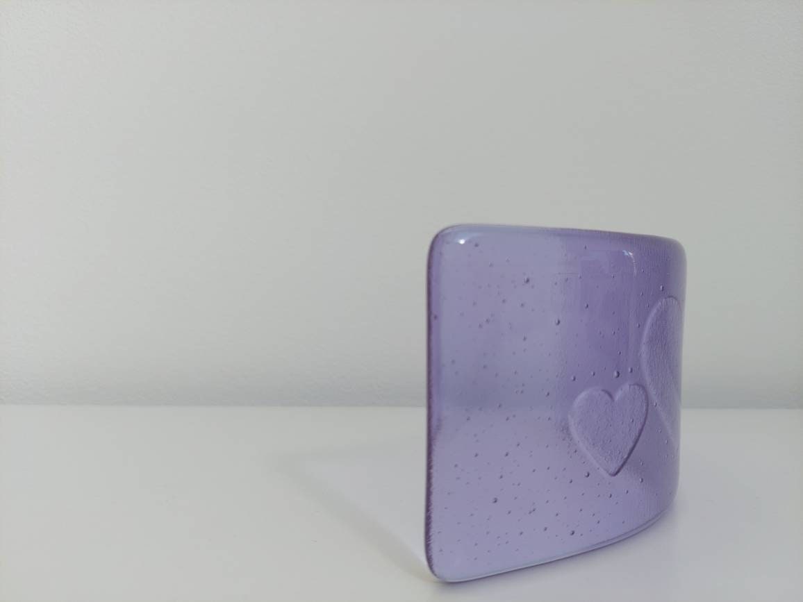 Lilac Glass Heart Ornament, Handmade Light Purple Fused Glass Curve with a Trio of Kiln Carved Hearts, Lilac Bedroom Décor, Gift for Her