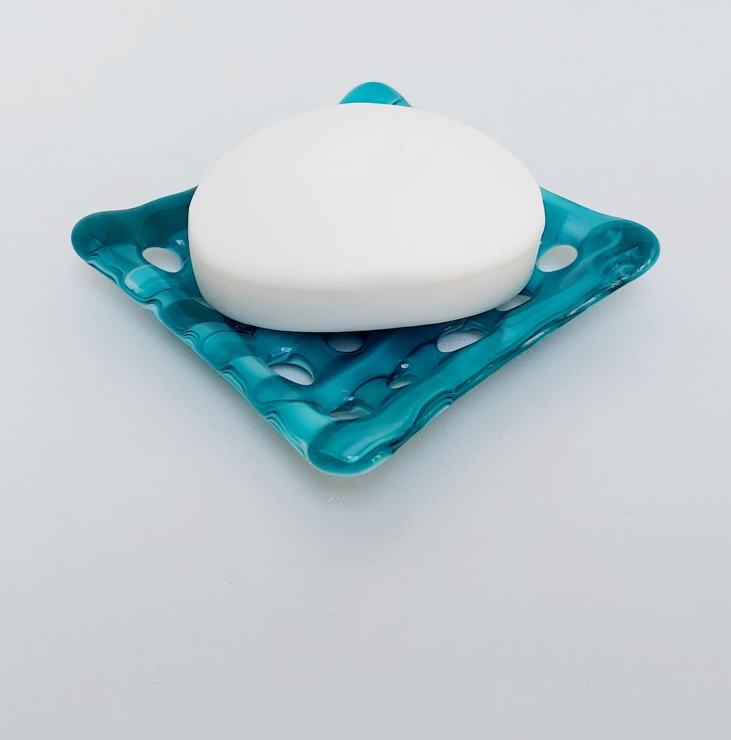 Teal and Aqua Glass Soap Dish with Holes