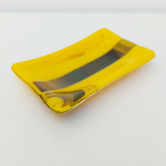 Daffodil Yellow Glass Art Dish, Handmade Yellow and Brown Soap Dish, Yellow Bathroom Décor, Bedside Table Trinket Dish, Yellow Bedroom Décor