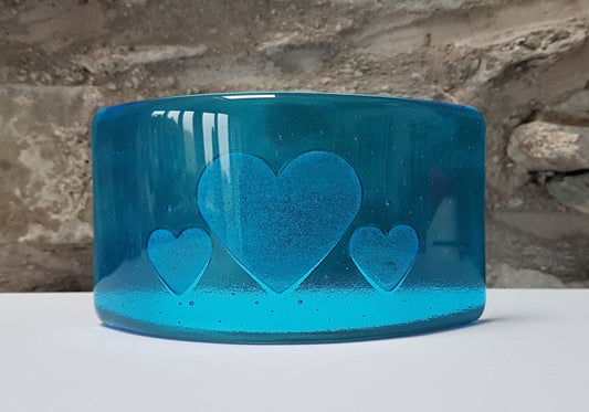 Turquoise Glass Heart Curve, Handmade Blue Glass Art Ornament with a Trio of Kiln Carved Hearts, Blue Decor, Love in the Lakes Collection