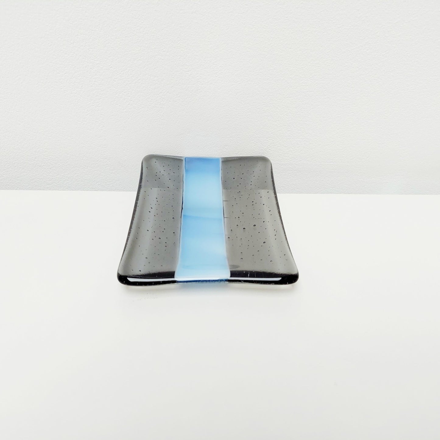 Stormy Waters Glass Art Dish, Handcrafted Silver Grey and Tranquil Blue Fused Glass Trinket Dish